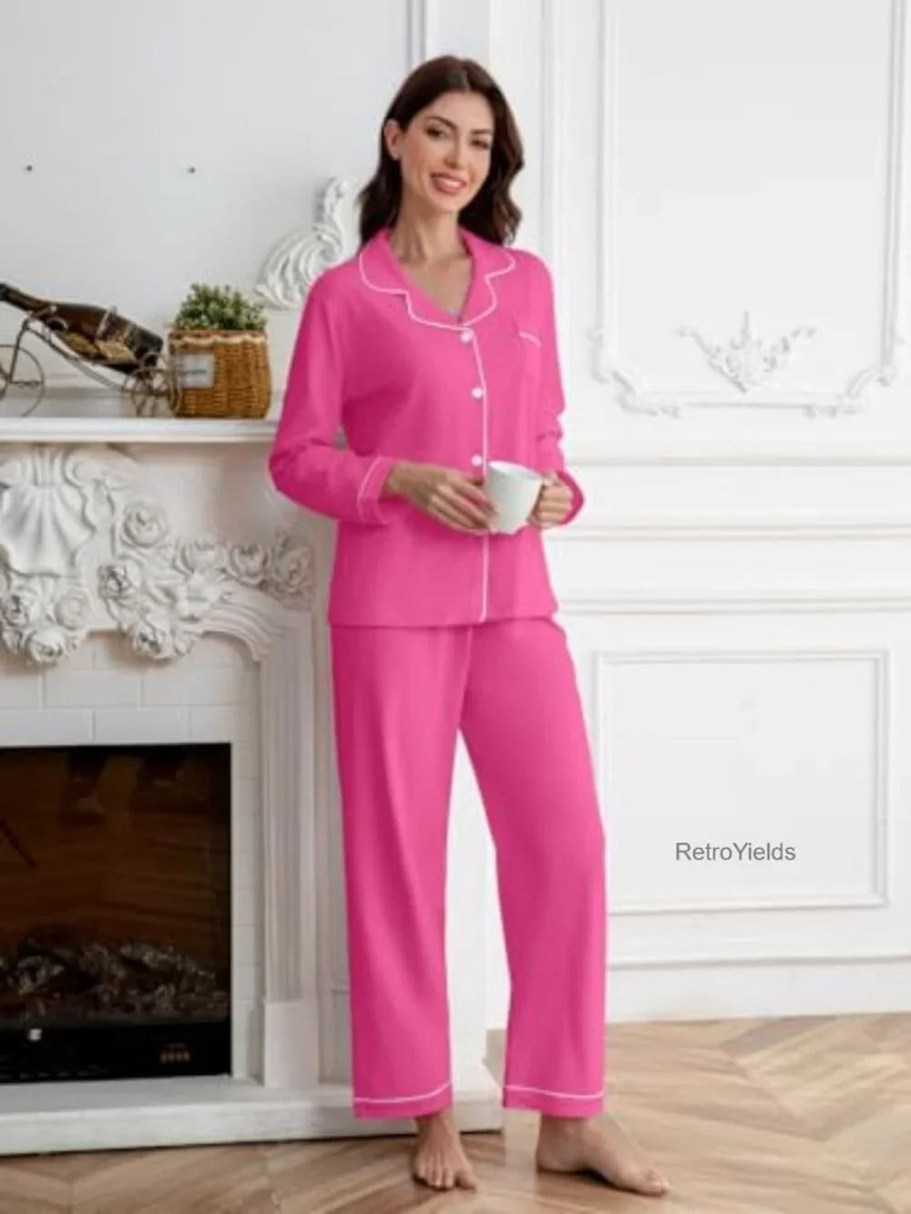 Kids Cotton Pajama Set Long Sleeve Button Down Top & Pants 2-Piece Sleepwear